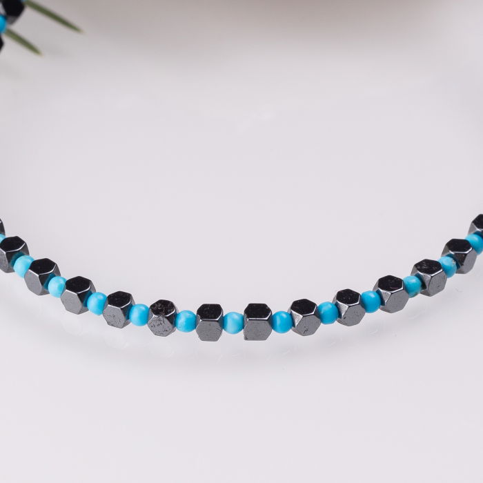 Bratara argint subtire din cuburi de hematit argintiu inchis si turcoaz 1.5mm [2]