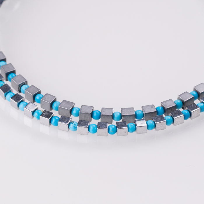 Bratara argint subtire din cuburi de hematit argintiu mat si turcoaz 1.5mm [3]