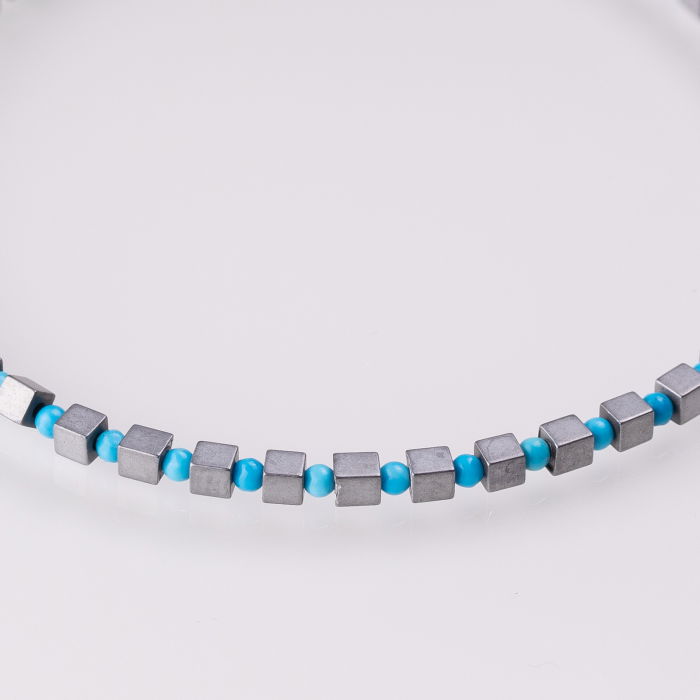 Bratara argint subtire din cuburi de hematit argintiu mat si turcoaz 1.5mm [2]