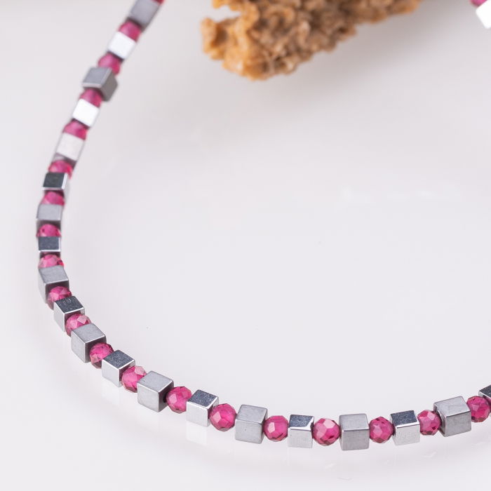 Bratara argint subtire din cuburi de hematit argintiu si cubic zirconia trandafiriu 1.5mm [2]