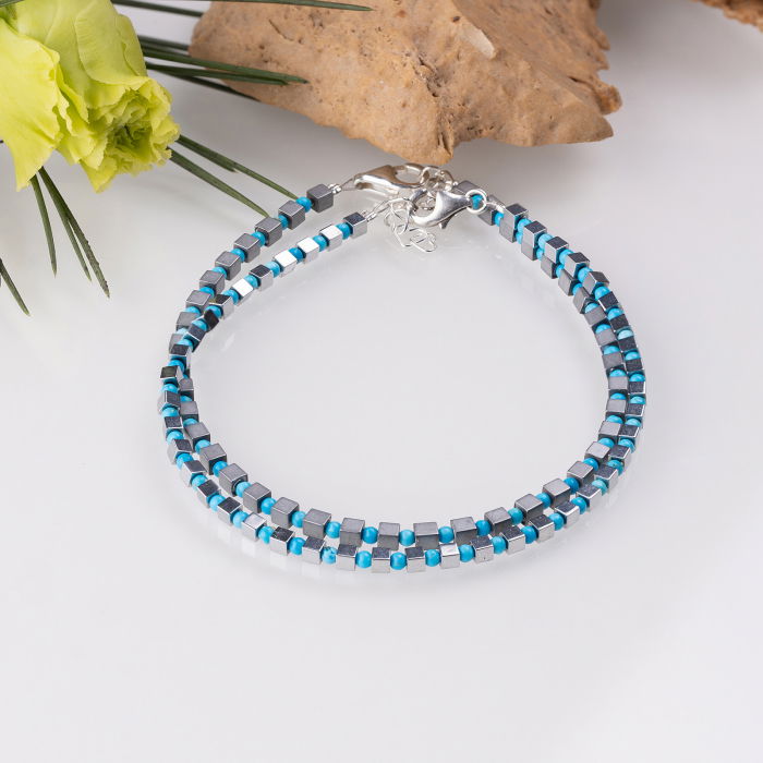 Bratara argint subtire din cuburi de hematit argintiu si turcoaz 1.5mm [3]