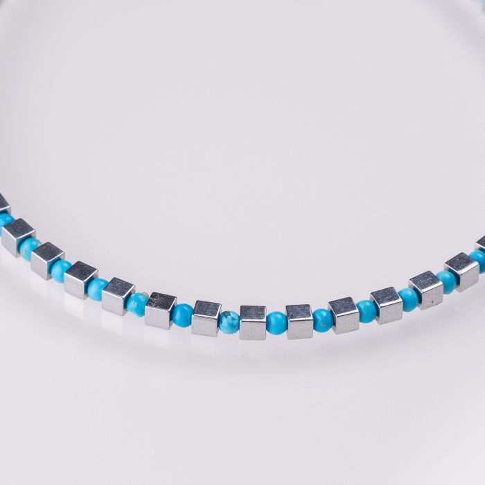 Bratara argint subtire din cuburi de hematit argintiu si turcoaz 1.5mm [2]