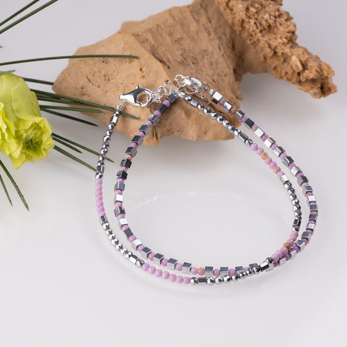 Bratara argint subtire din hematit argintiu fatetat si rodonit 1.5mm [4]