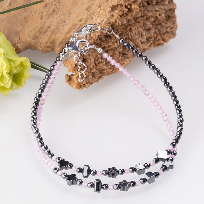 Bratara argint subtire din hematit argintiu inchis si cubic zirconia roz deschis 1.5 mm [3]