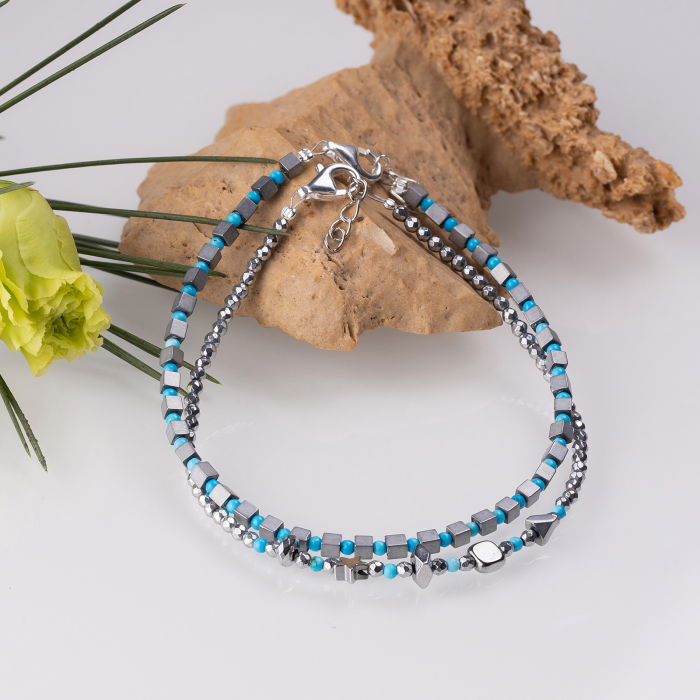 Bratara argint subtire din hematit argintiu si turcoaz 1.5mm [3]