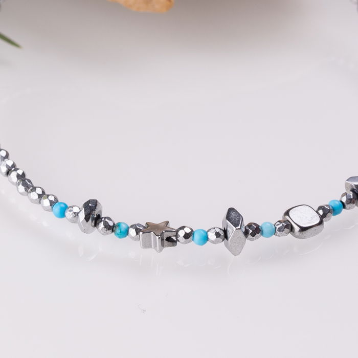 Bratara argint subtire din hematit argintiu si turcoaz 1.5mm [2]