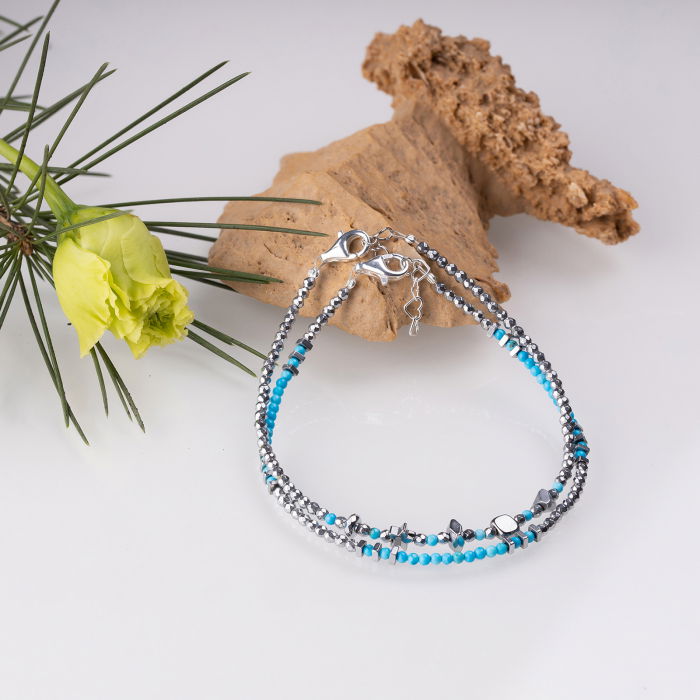 Bratara argint subtire din hematit argintiu si turcoaz 1.5mm [3]