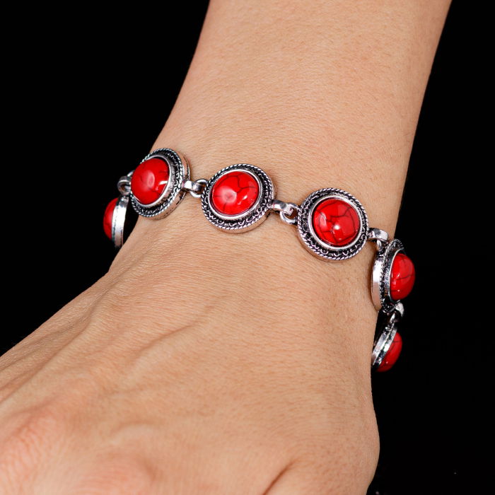Bratara cu 7 elemente rotunde din piatra naturala de coral rosu [2]