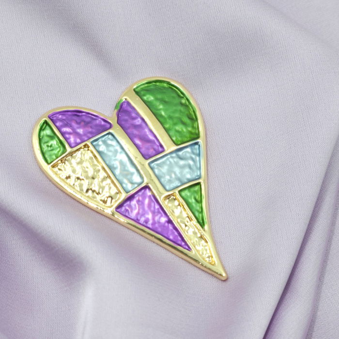 Brosa magnetica aurie, inima cu mov si verde [2]