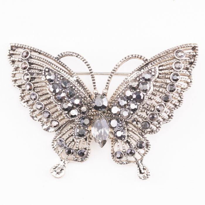 Brosa metalica argintie fluture cu pietricele argintii [2]