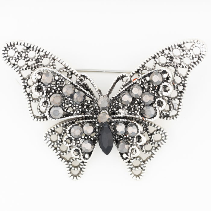 Brosa metalica argintie fluture cu pietricele argintii si doua randuri de aripi [1]