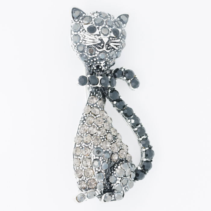 Brosa metalica argintie pisica cu pietricele argintii si negre [2]