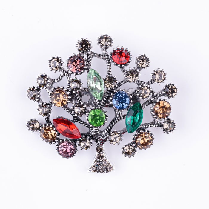 Brosa metalica argintie Pomul Vietii cu pietricele multicolore [2]