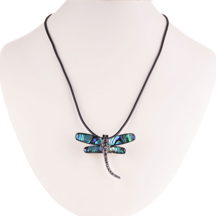 Brosa pandant metalica argintie cu scoica naturala paua shell, libelula cu pietricele argintii [2]