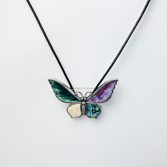 Brosa pandant metalica argintie, fluture cu aripi din paua shell naturala si sidef [2]