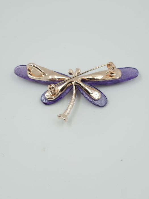 Brosa pandant metalica aurie, libelula fina cu aripi fatetate mov [2]