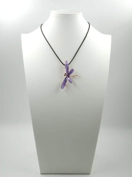 Brosa pandant metalica aurie, libelula fina cu aripi fatetate mov [3]