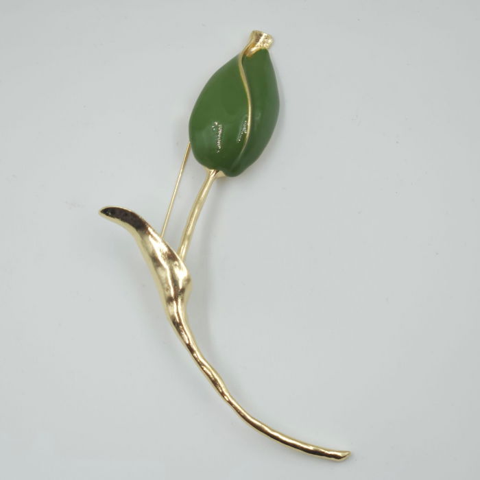 Brosa statement lalea imbobocita, forma stilizata din metal  auriu cu verde [6]