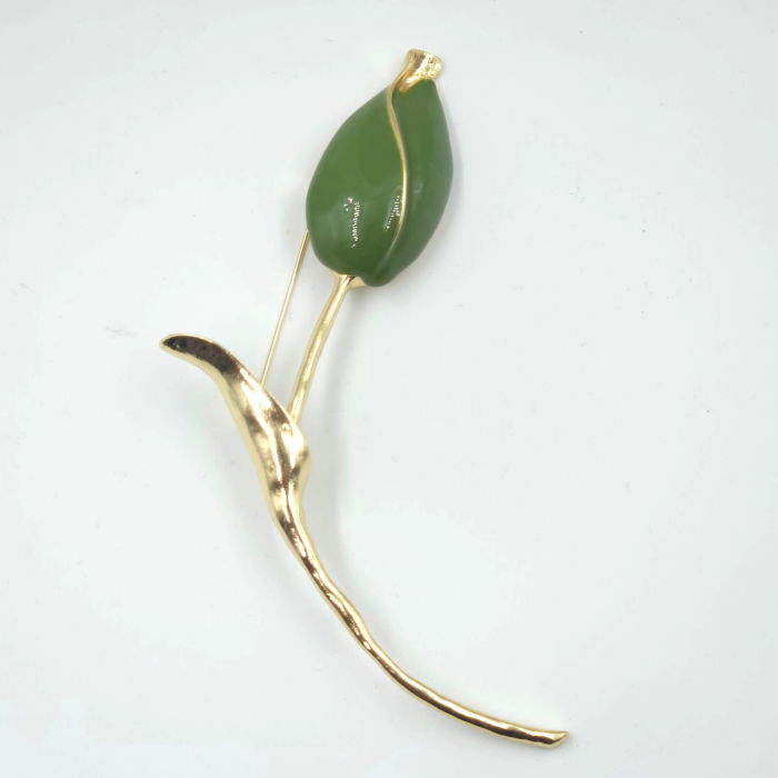 Brosa statement lalea imbobocita, forma stilizata din metal  auriu cu verde [2]