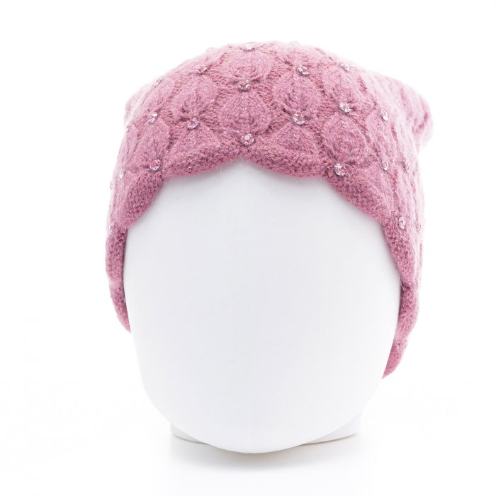 Caciula roz model tricotat cu fir de lurex si strasuri aplicate, captusita in interior [2]