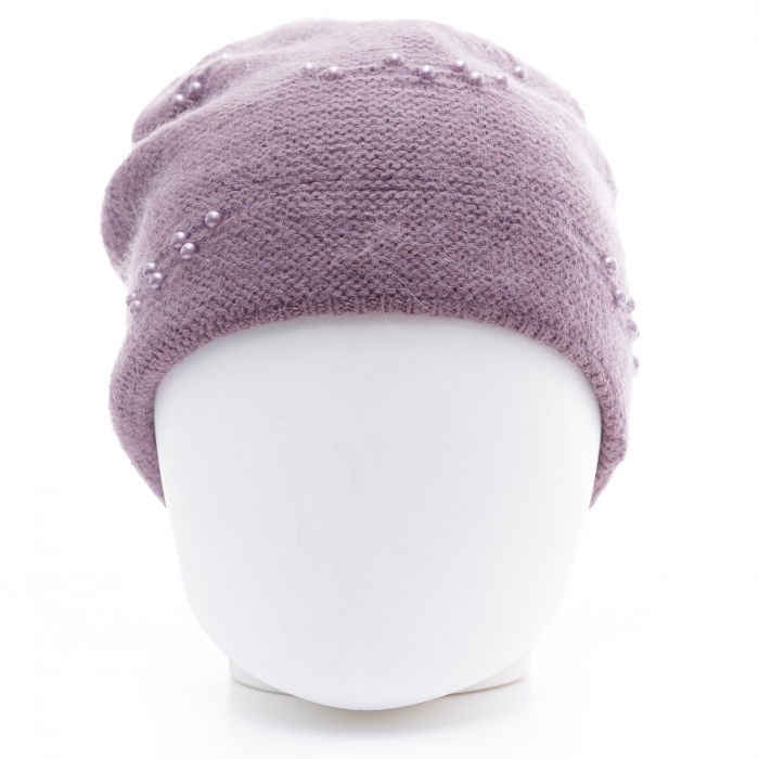 Caciula lila model tricotat cu perle fine aplicate, dublata in interior [2]