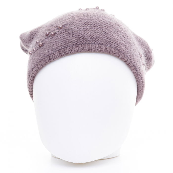 Caciula bej inchis model tricotat cu perle fine aplicate, dublata in interior [2]