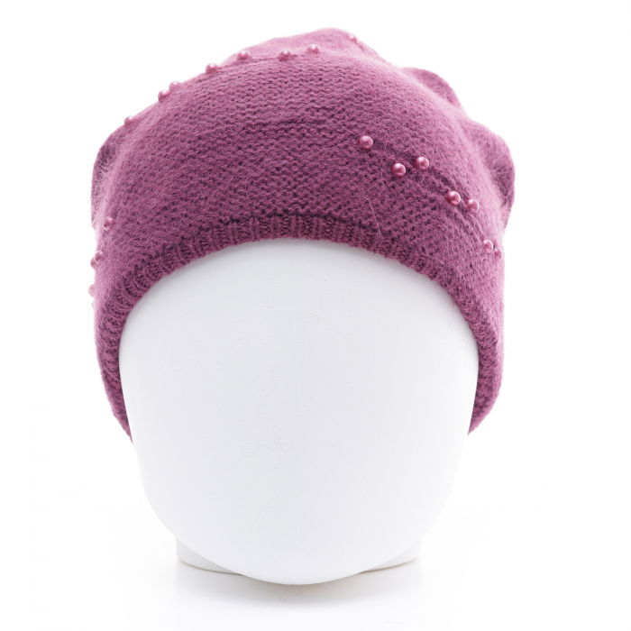 Caciula mov model tricotat cu perle fine aplicate, dublata in interior [2]