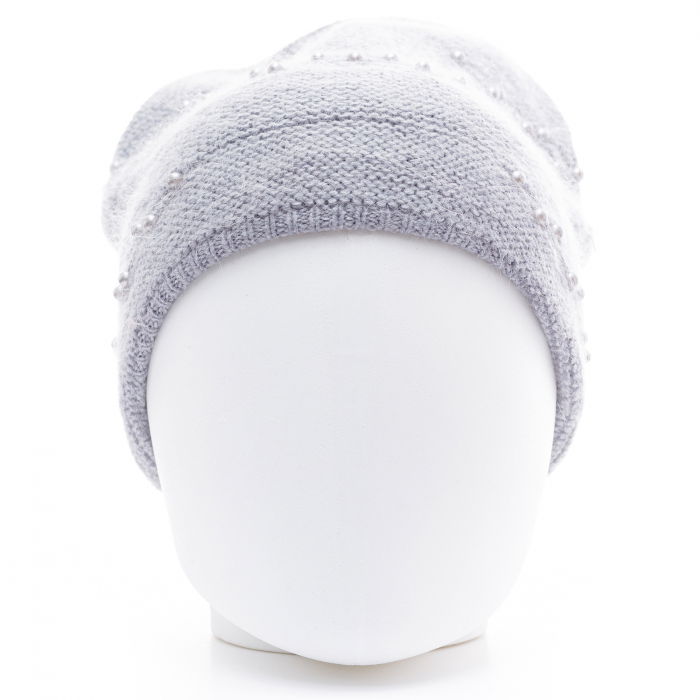 Caciula gri model tricotat cu perle fine aplicate, dublata in interior [2]