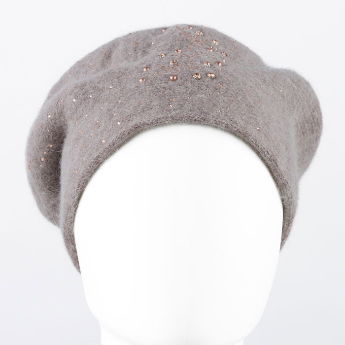 Caciula bej inchis model tricotat cu perle si strasuri fine aplicate, dublata in interior [2]