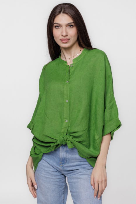 Camasa verde olive, din in, cu guler tunica si nod in fata