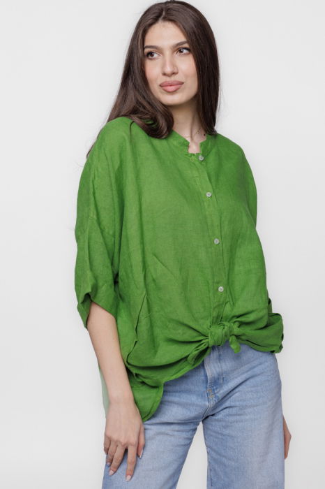 Camasa verde olive, din in, cu guler tunica si nod in fata [2]
