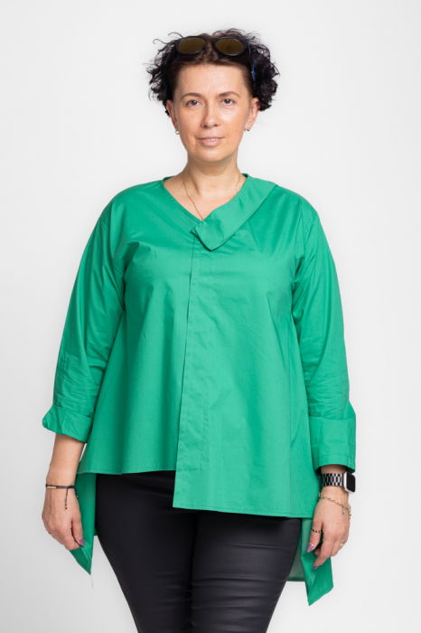 Camasa asimetrica din poplin de bumbac cu decolteu V, verde [3]