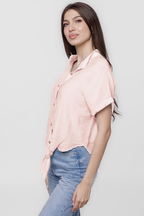Camasa roz pal din vascoza creponata, cu guler tunica si nod in fata [2]