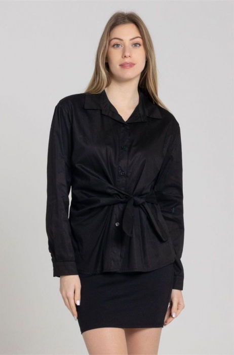 Camasa clasica, din poplin de bumbac, cu nod pe talie, neagra [3]