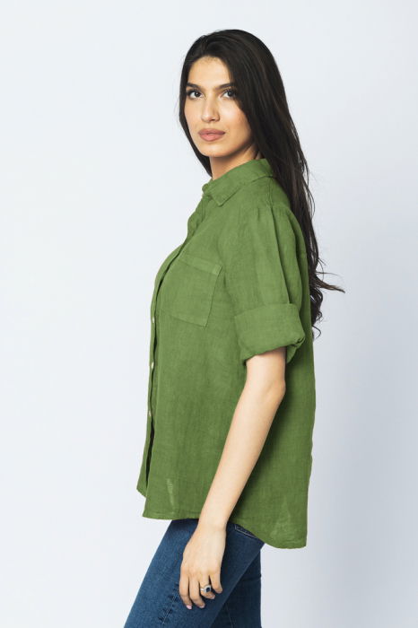 Camasa clasica din in cu buzunar pe piept si maneca 3/4, verde oliv [2]