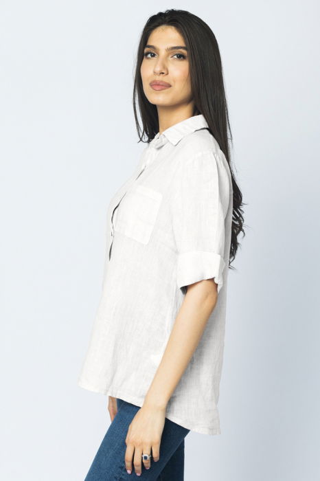 Camasa clasica din in cu buzunar pe piept si maneca 3/4, alba [2]