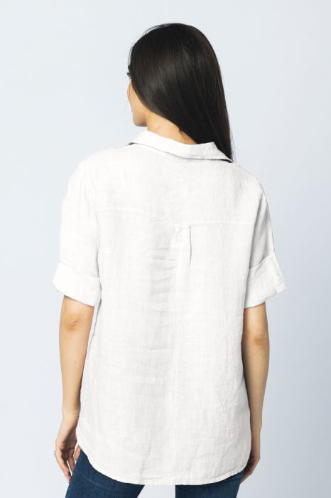 Camasa clasica din in cu buzunar pe piept si maneca 3/4, alba [3]