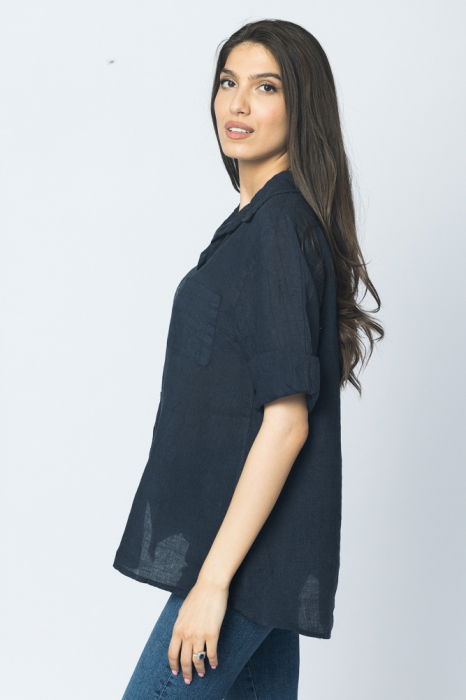 Camasa clasica din in cu buzunar pe piept si maneca 3/4, bleumarin [2]