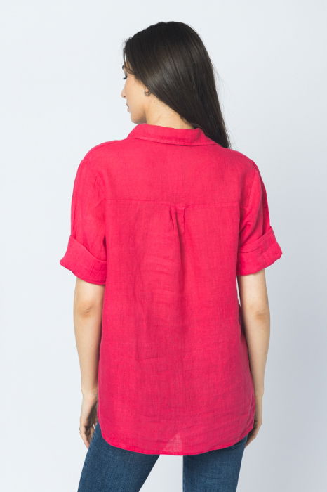 Camasa clasica din in cu buzunar pe piept si maneca 3/4, roz intens [3]