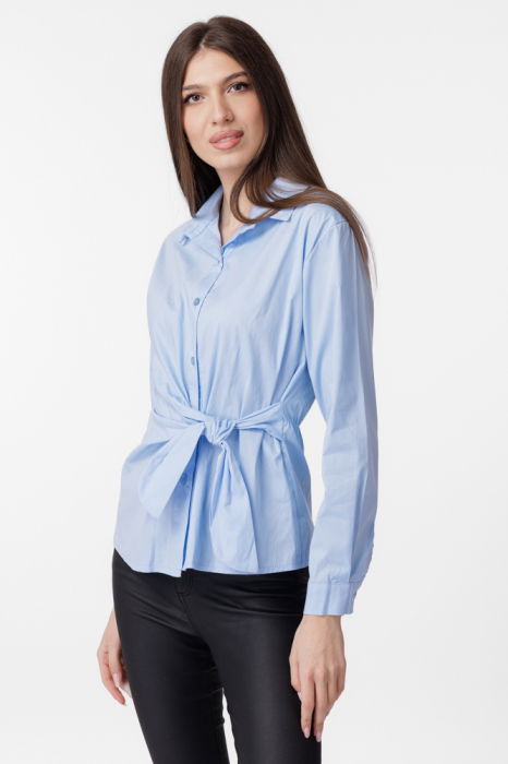 Camasa clasica, din poplin de bumbac, cu nod pe talie, bleu [2]