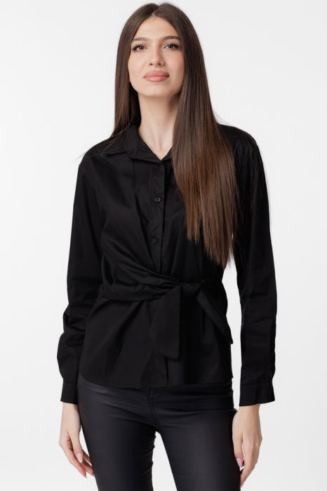 Camasa clasica, din poplin de bumbac, cu nod pe talie, neagra [1]