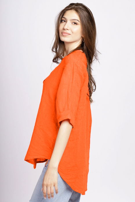 Camasa portocalie din in cu nasture metalic decorativ [2]