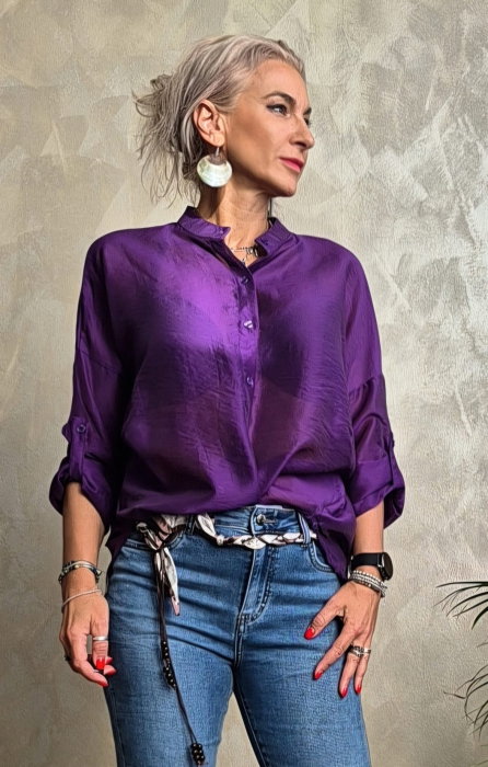 Camasa satinata oversized cu maneci reglabile, mov violet