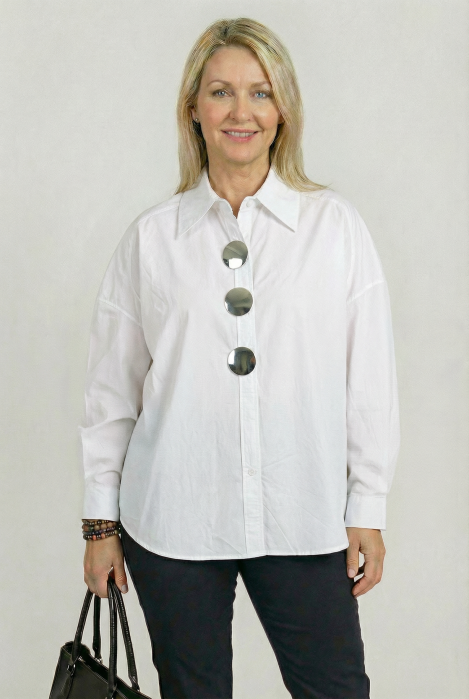 Camasa dama lejera din bumbac cu nasturi decorativi argintii metalici – alba [2]