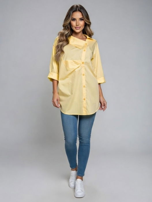 Camasa dama lejera din bumbac cu guler asimetric, galben [1]