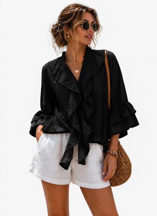 Camasa din bumbac cu volane decorative la maneci si decolteu, neagra