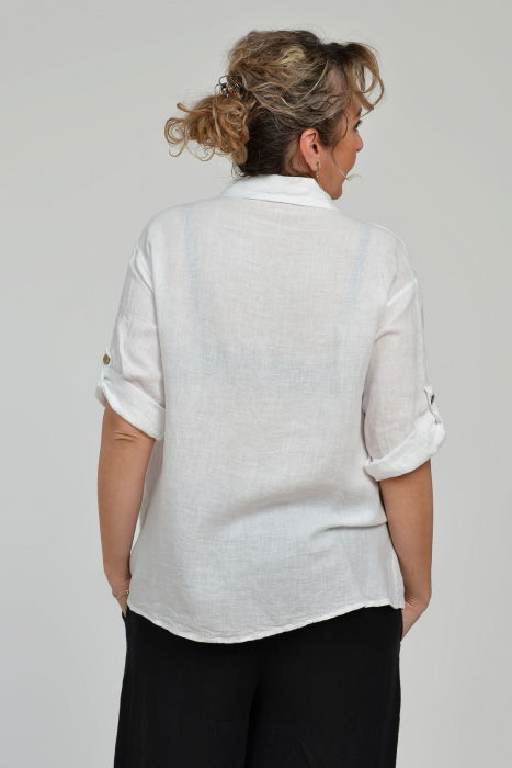 Camasa din in cu buzunar pe piept, alba [8]