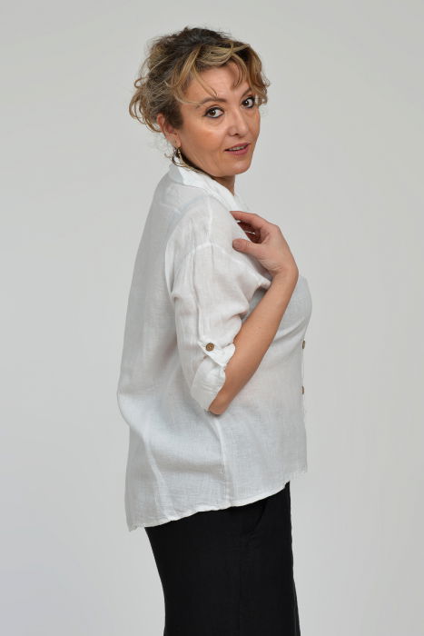 Camasa din in cu buzunar pe piept, alba [5]