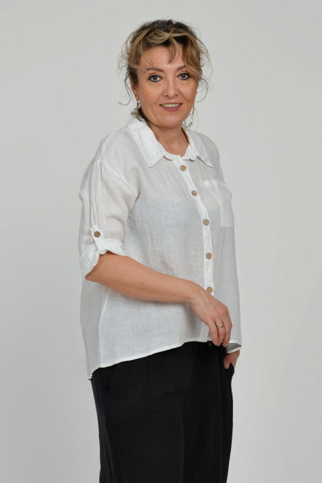 Camasa din in cu buzunar pe piept, alba [4]