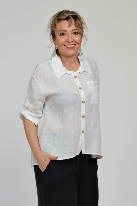 Camasa din in cu buzunar pe piept, alba [3]